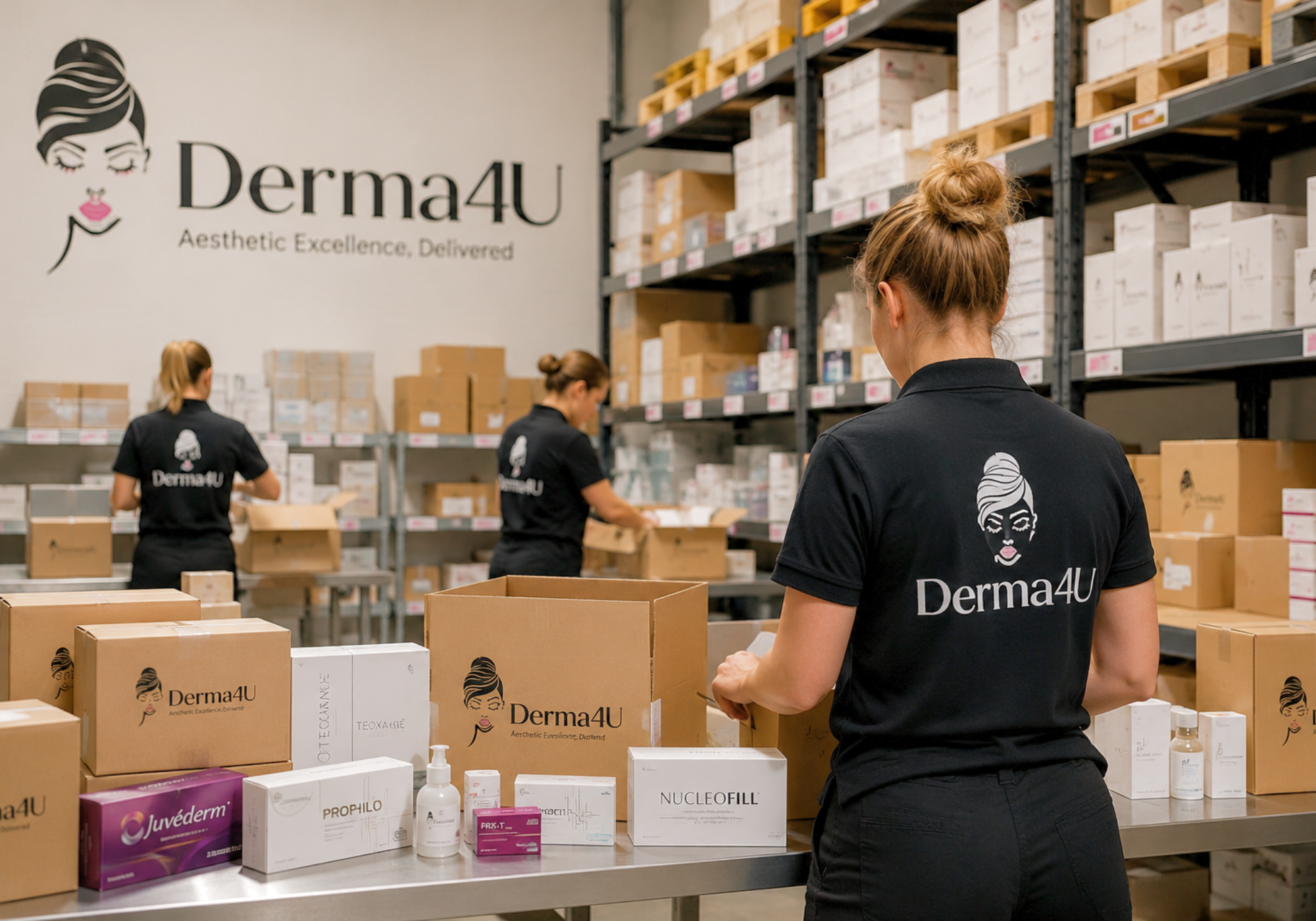Derma4U warehouse team packing aesthetic product orders