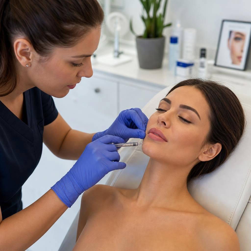 Dermal fillers enhancing lips and smoothing nasolabial folds for aesthetic perfection.