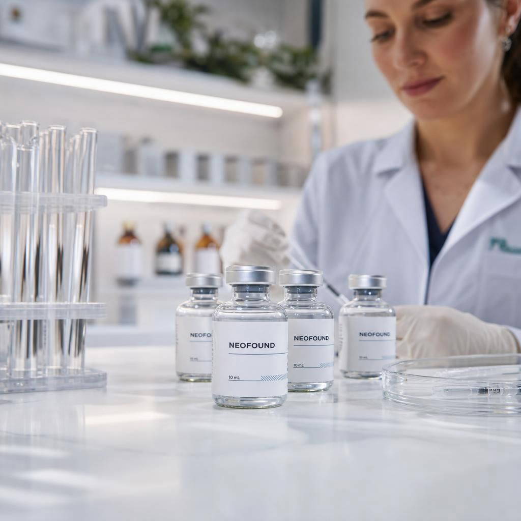Close-up of Neofound products showcasing advanced ingredients ideal for professional cosmetic treatments.