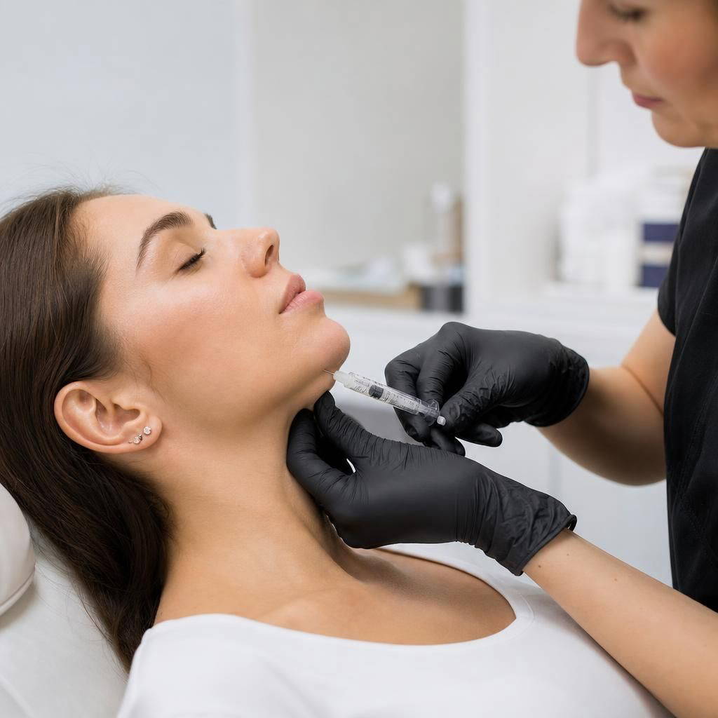 Image showcasing expert application of Lemon Bottle fat dissolver on chin for effective aesthetic results.