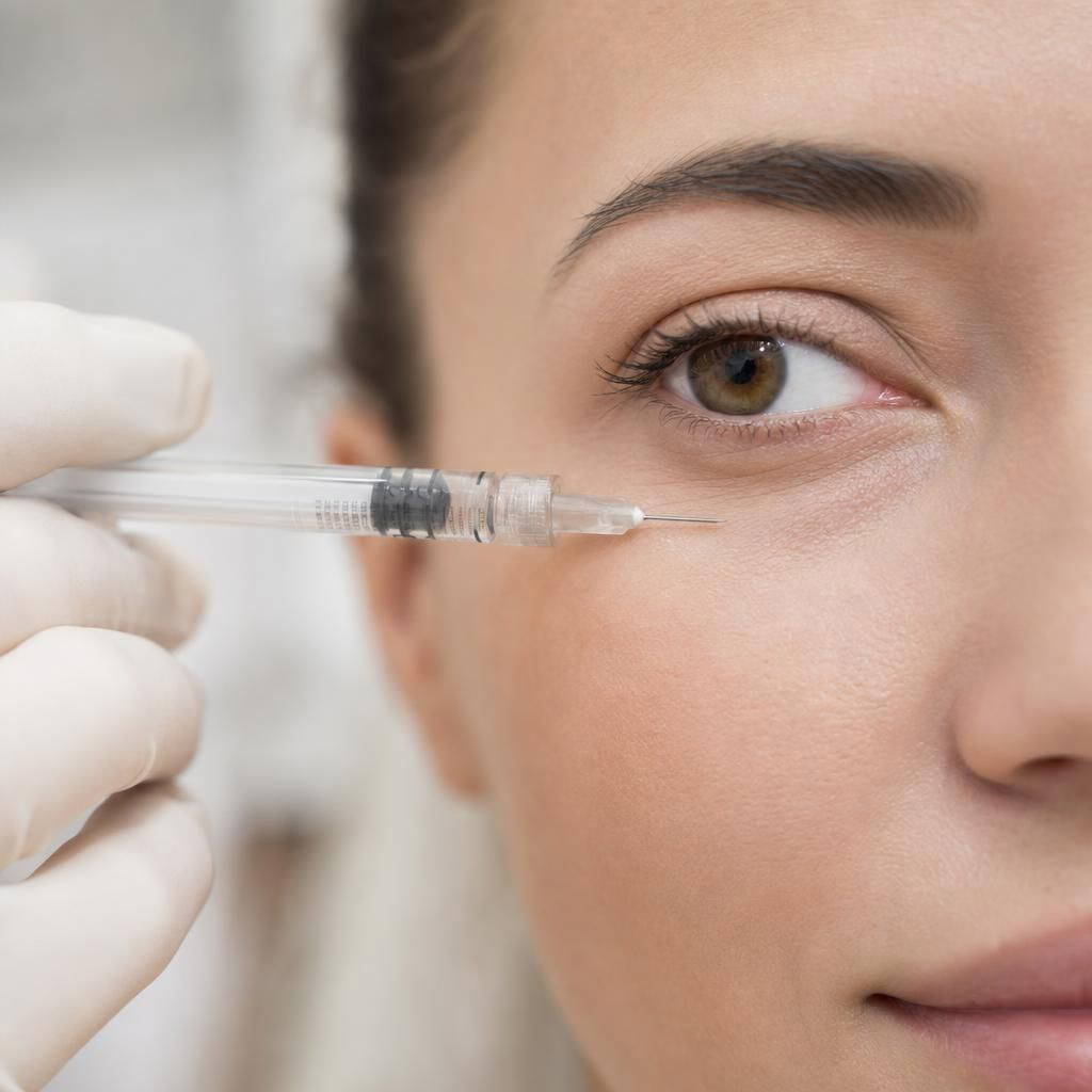 Close-up of Juvederm Voluma XC syringe next to under eye area
